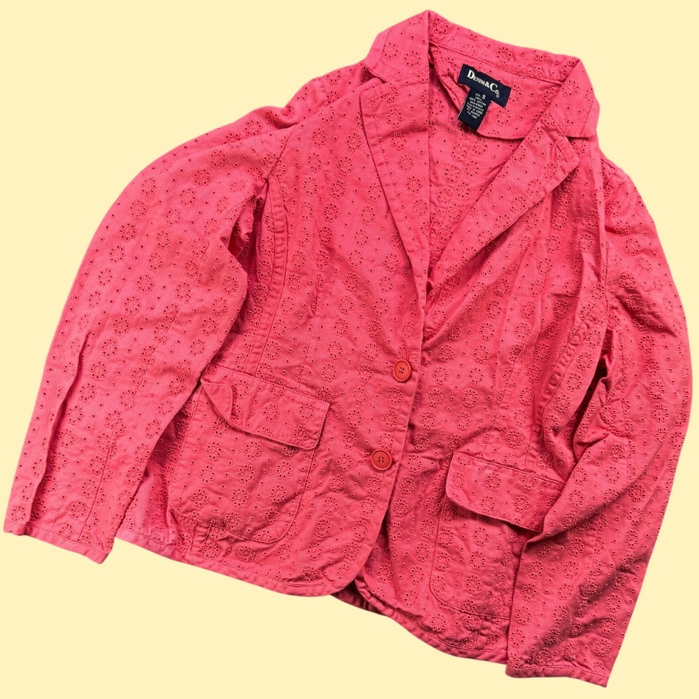Denim & Co Blazer Woman S Pink Eyelet‎ Cotton Button Up Jacket Casual Preppy